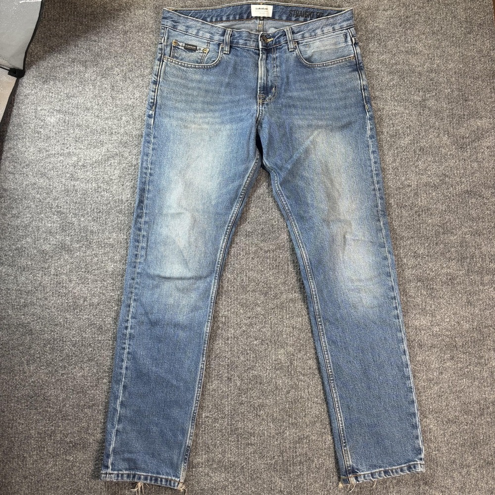 Quiksilver‎ Jeans Mens 32x29 Blue Medium Wash Straight Leg Distressed Denim